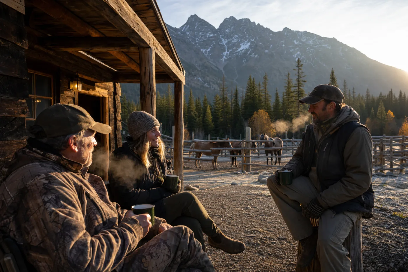 Hunters and a guide outside a timber lodge at first light